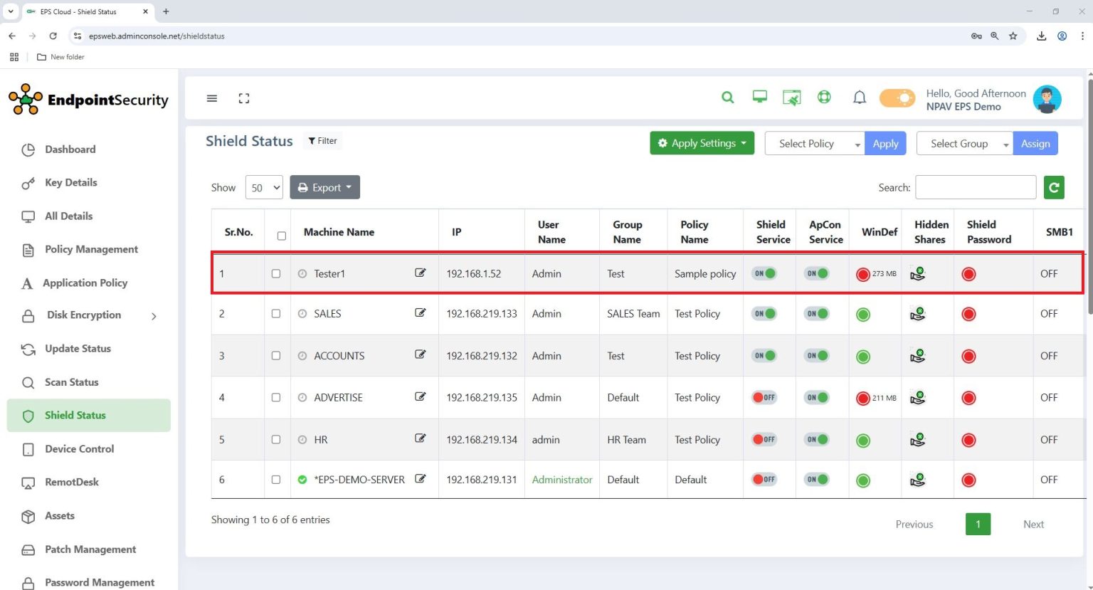Shield Status tab of Admin Console - Product Documentation